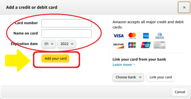 ④オレンジ色のボタン「Add your card」をクリック