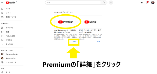 YouTubeプレミアムの裏技：④「Premium」を選択肢し、プランを選ぶ