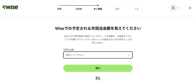 wiseの使い方：⑦利用目的・年間予定送金額・収入源・収入額などを選択